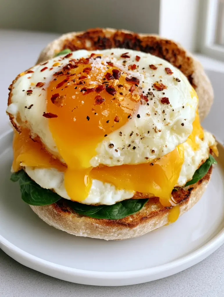 High Protein Egg Sandwich with Jammy Yolks and Toasted Sourdough 1 Smartphone photo of a high protein egg sandwich with charred sourdough edges and fresh baby spinach.