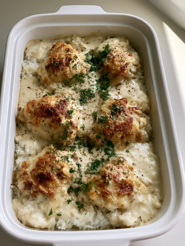 Dump and Bake Chicken and Rice with a Creamy Herb Sauce 2 Close-up of roasted golden-brown chicken thighs on a bed of creamy rice with black pepper specks. (Dump and Bake Chicken and Rice)