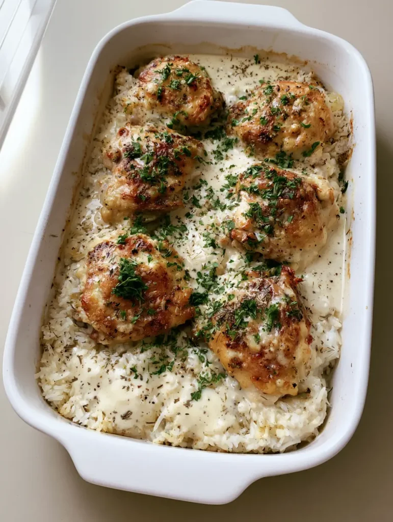 Dump and Bake Chicken and Rice with a Creamy Herb Sauce 1 Steaming hot white ceramic dish filled with Dump and Bake Chicken and Rice, garnished with fresh parsley.