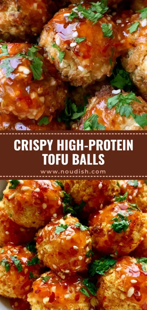 Air Fryer Tofu Balls with Sweet Chili Garlic Glaze 3 A top-down view of golden-brown Air Fryer Tofu Balls in a white bowl, drizzled with glossy red sweet chili sauce and sprinkled with sesame seeds.
