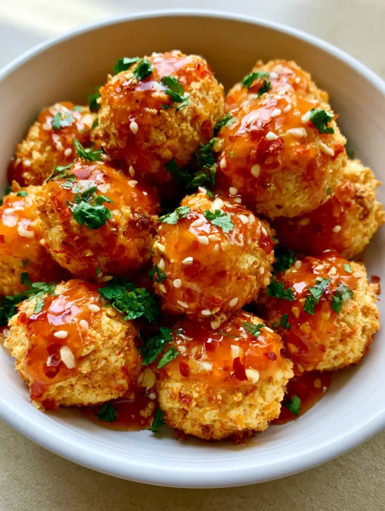 Air Fryer Tofu Balls with Sweet Chili Garlic Glaze 2 Close-up of crispy Air Fryer Tofu Balls showing the craggy texture and glossy sauce with visible garlic flakes.