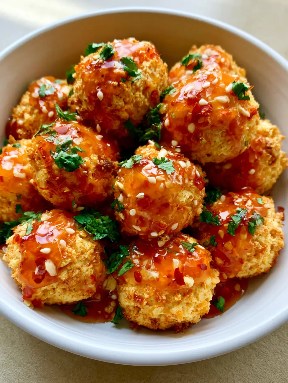 Air Fryer Tofu Balls with Sweet Chili Garlic Glaze 4 Close-up of crispy Air Fryer Tofu Balls showing the craggy texture and glossy sauce with visible garlic flakes.