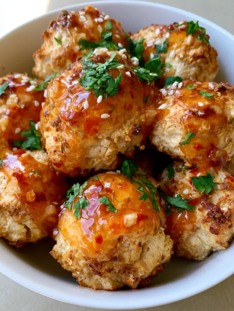 Air Fryer Tofu Balls with Sweet Chili Garlic Glaze 1 A serving of Air Fryer Tofu Balls in a white ceramic bowl, garnished with fresh cilantro and white sesame seeds.