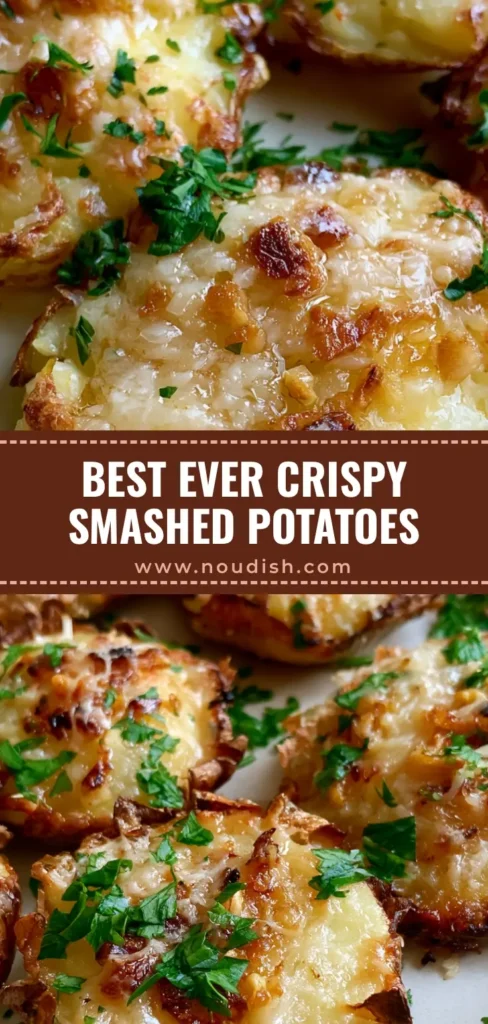 Garlic Parmesan Smashed Potatoes: The Ultimate Crispy Roasted Side Dish 4 A close-up shot of crispy Garlic Parmesan Smashed Potatoes with golden-brown edges, melted butter, roasted garlic, and a toasted parmesan crust garnished with fresh parsley.