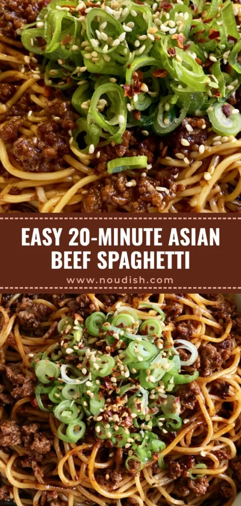 Asian Ground Beef Spaghetti: The Ultimate 20-Minute Glossy Noodle Dinner 3 A close-up high-angle photo of Asian Ground Beef Spaghetti in a white bowl with a glossy soy-chili garlic sauce, green onions, and sesame seeds.