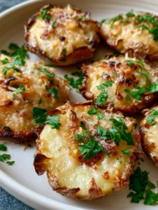 Flattened whole baby potatoes on a white plate showing jagged crispy edges and a pale yellow center, topped with roasted garlic. (Garlic Parmesan Smashed Potatoes)