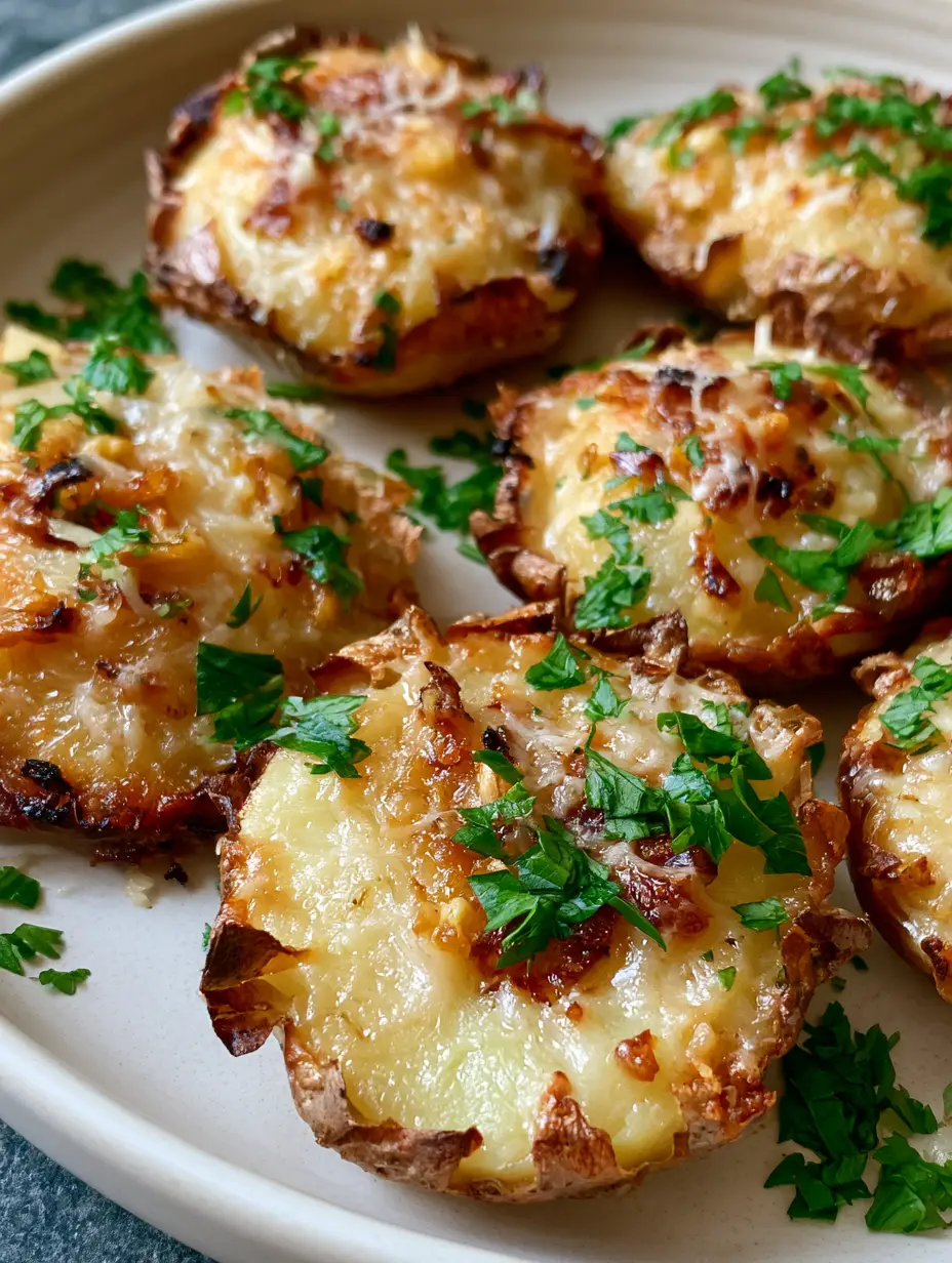 Garlic Parmesan Smashed Potatoes: The Ultimate Crispy Roasted Side Dish 3 Flattened whole baby potatoes on a white plate showing jagged crispy edges and a pale yellow center, topped with roasted garlic. (Garlic Parmesan Smashed Potatoes)