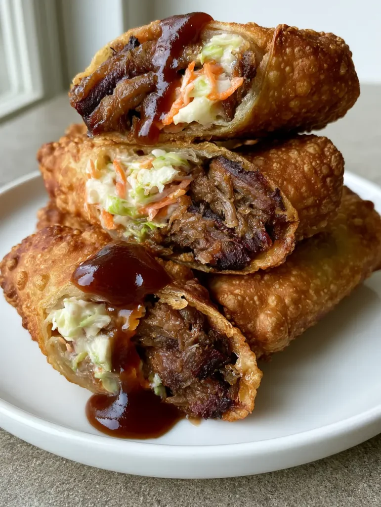 BBQ Egg Rolls: The Ultimate Crispy Smoked Brisket Appetizer 2 Close up handheld photo of a golden brown BBQ Egg Roll showing the blistered texture and dense brisket filling.