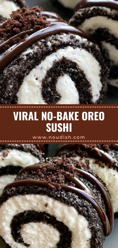 Oreo Sushi Rolls: The Ultimate No-Bake Viral Dessert 3 A close-up of Oreo Sushi Rolls with a bright white cream spiral and dark chocolate drizzle on a grey plate.