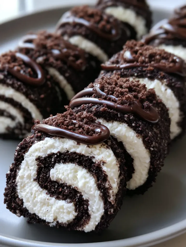 Oreo Sushi Rolls: The Ultimate No-Bake Viral Dessert 1 Detailed shot of the matte grainy cookie texture and glossy chocolate drizzle on Oreo Sushi Rolls.