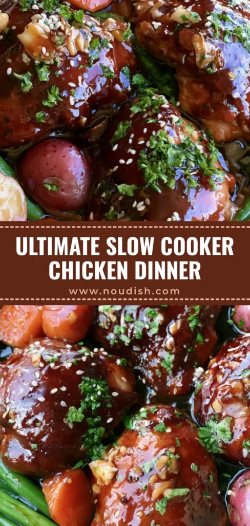 Slow Cooker Honey Garlic Chicken with Potatoes and Carrots 4 A close-up of Slow Cooker Honey Garlic Chicken featuring glossy chicken thighs, red potatoes, and green beans sprinkled with sesame seeds.