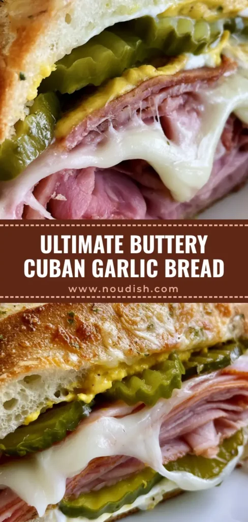Cuban Garlic Bread Sandwich: The Ultimate Garlic-Buttered Melty Masterpiece 3 A close-up of a sliced Cuban garlic bread sandwich featuring melted Swiss cheese, smoked ham, and pickles on a garlic-buttered baguette.