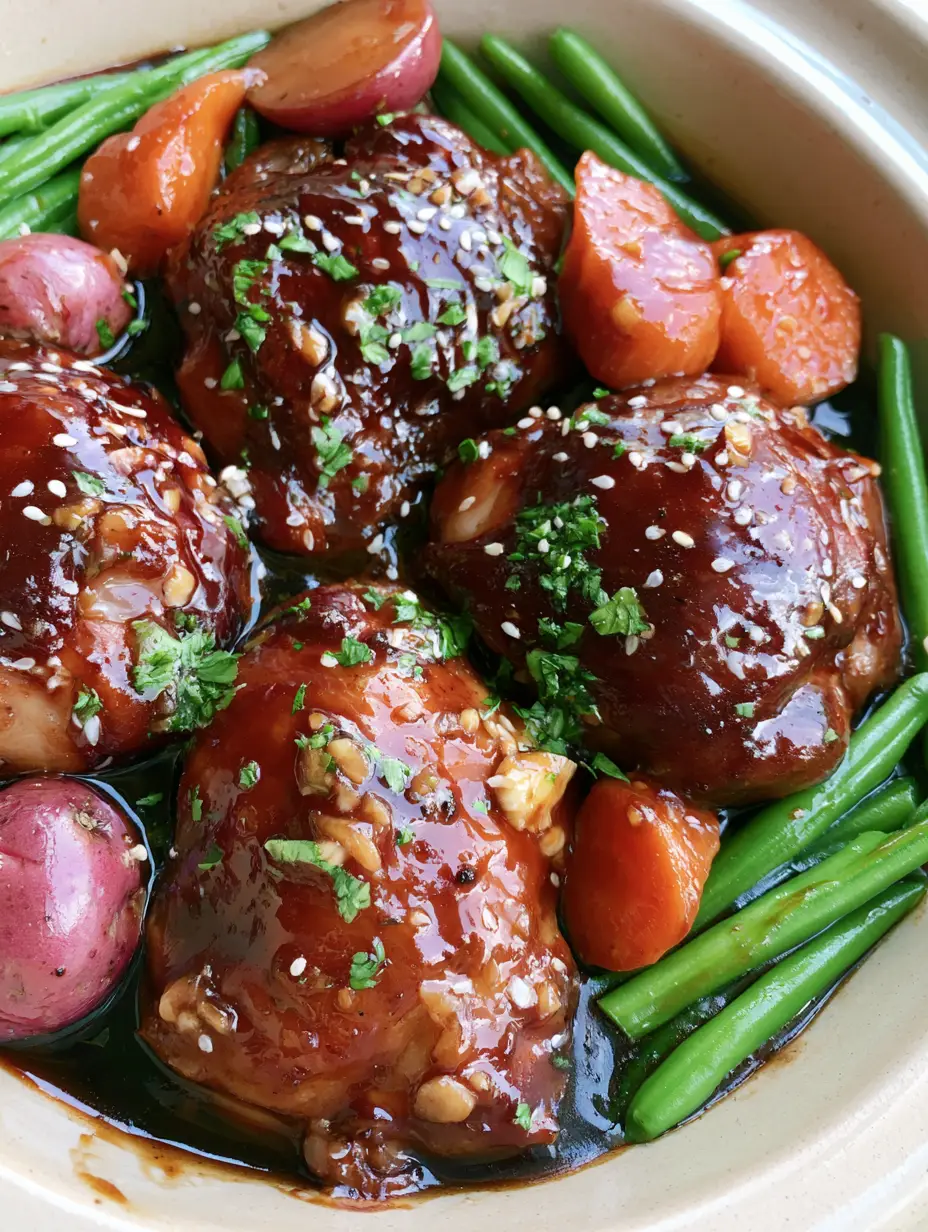 Slow Cooker Honey Garlic Chicken with Potatoes and Carrots 3 Top-down view of Slow Cooker Honey Garlic Chicken with thick amber sauce and vibrant vegetables in a ceramic insert.
