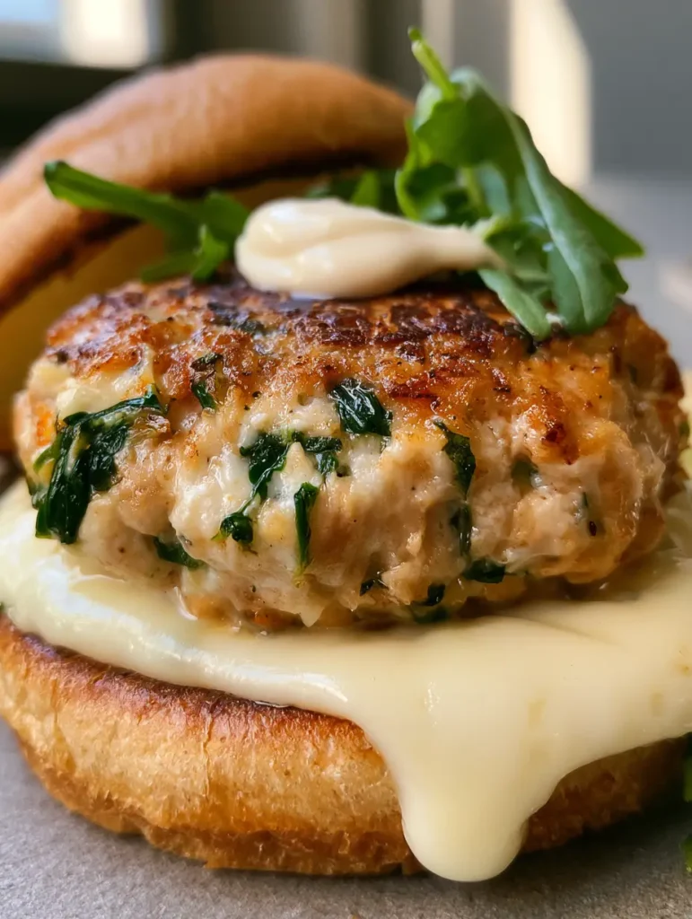 Close-up of a chicken burger with draped white cheddar cheese and fresh green arugula leaves. (Spinach Chicken Burgers)