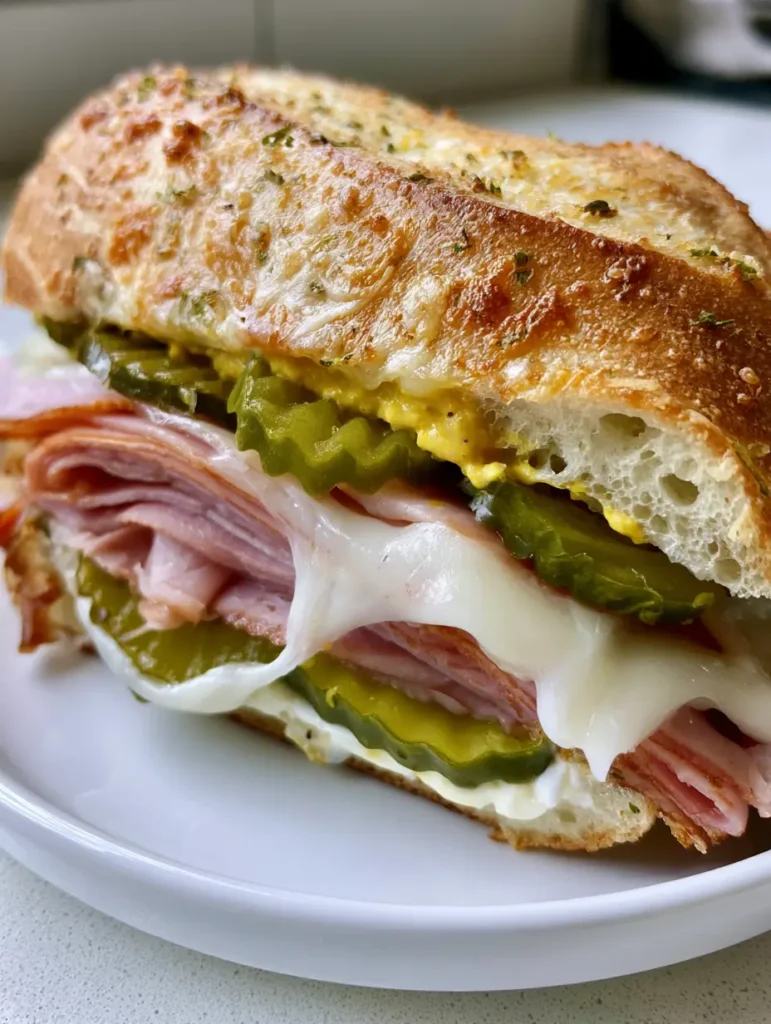 Handheld photo of a Cuban garlic bread sandwich sliced in half showing layers of pink ham and stretching white cheese.