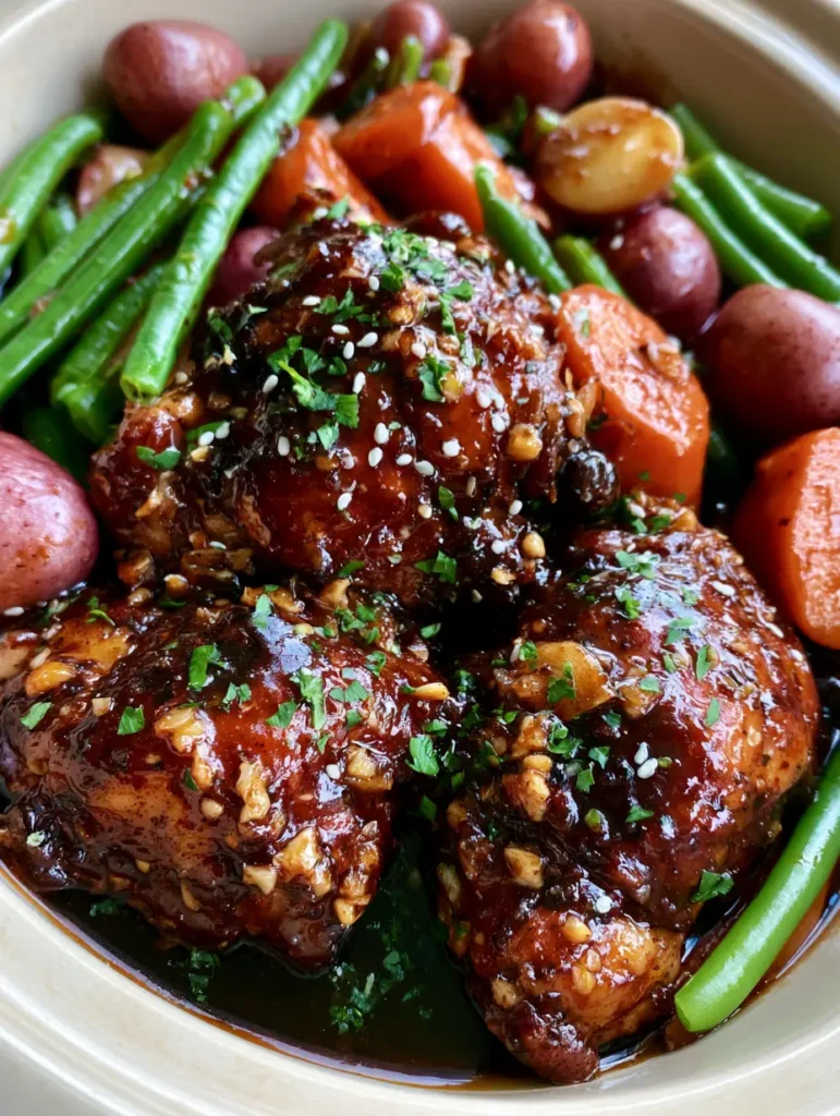 Slow Cooker Honey Garlic Chicken with Potatoes and Carrots 1 Detailed shot of juicy chicken thighs and thick-cut carrots in Slow Cooker Honey Garlic Chicken sauce.