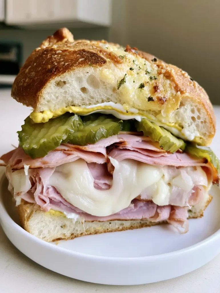 Cuban Garlic Bread Sandwich: The Ultimate Garlic-Buttered Melty Masterpiece 1 Detailed view of the crinkle-cut pickles and mustard inside a Cuban garlic bread sandwich.
