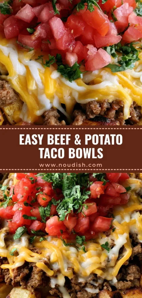 Ground Beef and Potato Taco Bowls: The Ultimate Crispy & Cheesy Weeknight Dinner 4 A rustic white ceramic bowl filled with golden roasted potato cubes, seasoned ground beef, and melted cheddar and Monterey Jack cheese, garnished with diced tomatoes and cilantro. (Ground Beef and Potato Taco Bowls)