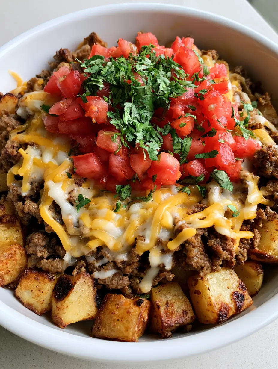 Ground Beef and Potato Taco Bowls: The Ultimate Crispy & Cheesy Weeknight Dinner 3 Overhead view of a hearty taco bowl featuring roasted potato cubes, crumbled beef, and a thick layer of melted cheese. (Ground Beef and Potato Taco Bowls)