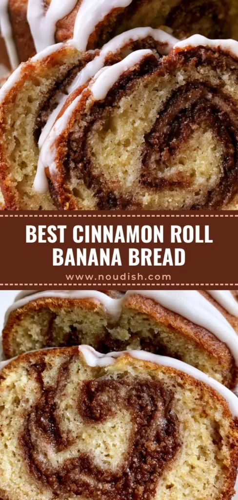 Cinnamon Roll Banana Bread with a Thick Sugar Glaze 3 A close-up shot of Cinnamon Roll Banana Bread slices featuring a dark brown cinnamon sugar swirl and thick white sugar glaze drips.