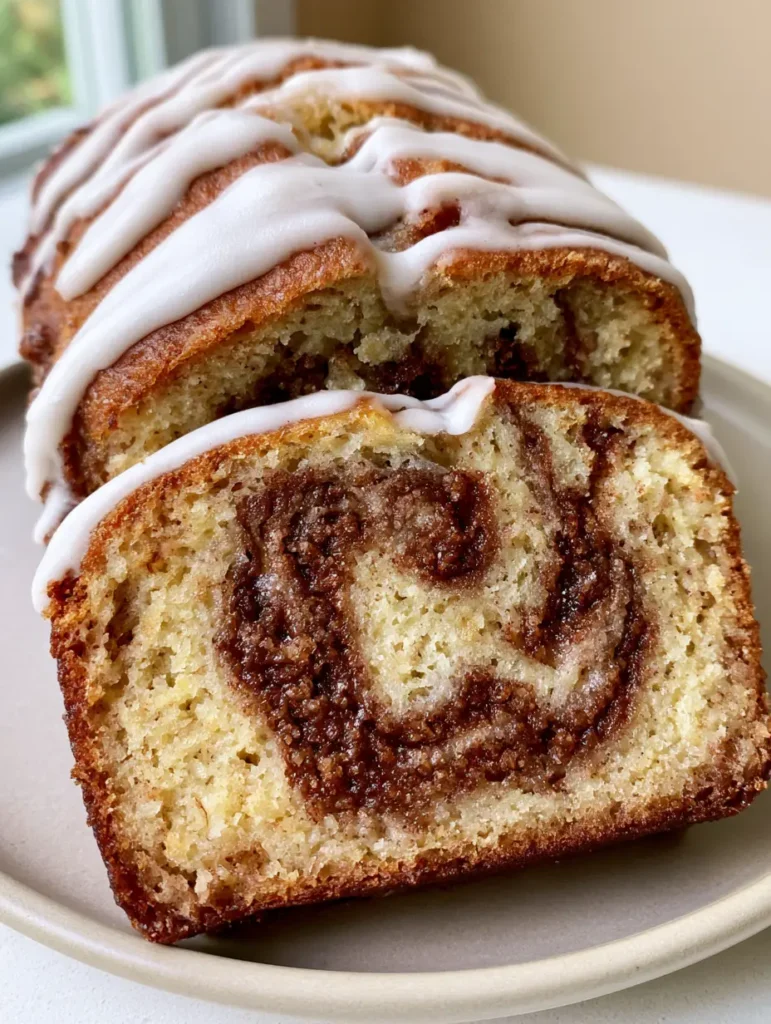 Handheld photo of a sliced loaf of Cinnamon Roll Banana Bread showing the moist yellow crumb and golden-brown crust.