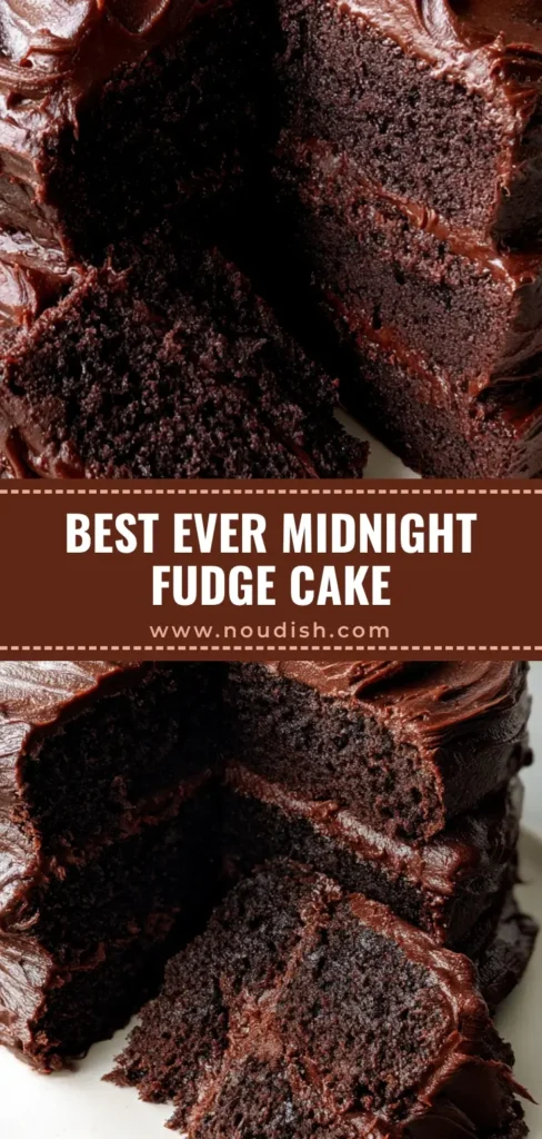 Midnight Fudge Cake with Glossy Chocolate Frosting 4 A towering triple-layer Midnight Fudge Cake with glossy dark chocolate frosting on a white ceramic plate, missing one slice to show the interior.