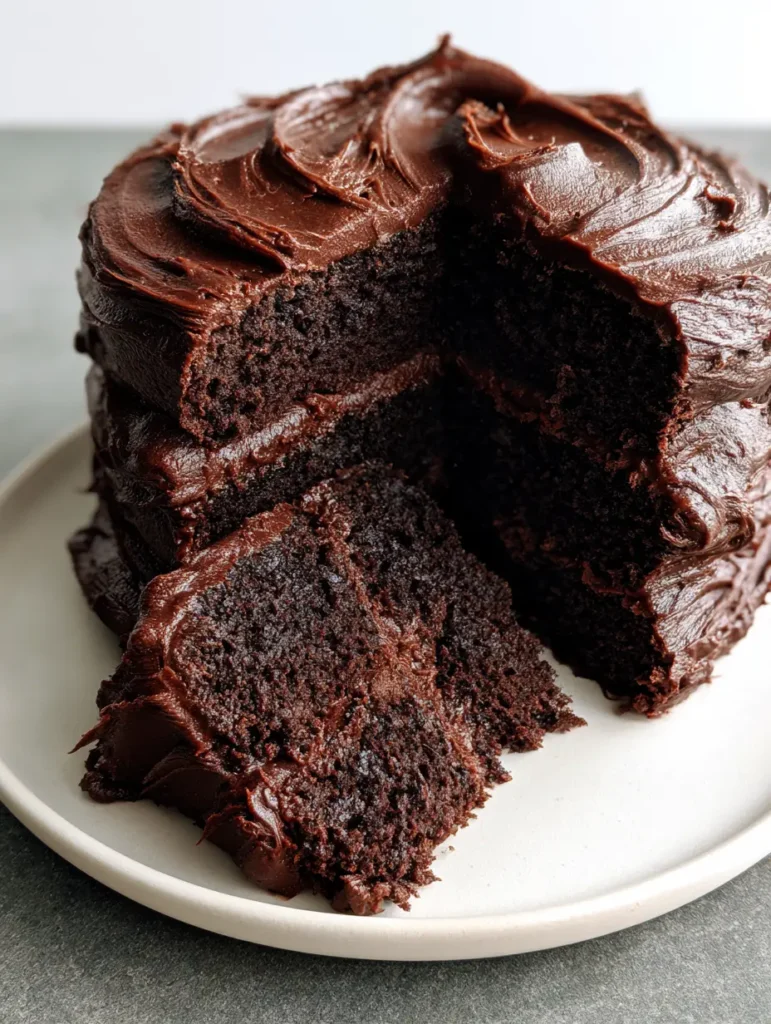 Close-up of Midnight Fudge Cake showing the thick spatula swirls of glossy dark chocolate frosting and spongy layers.