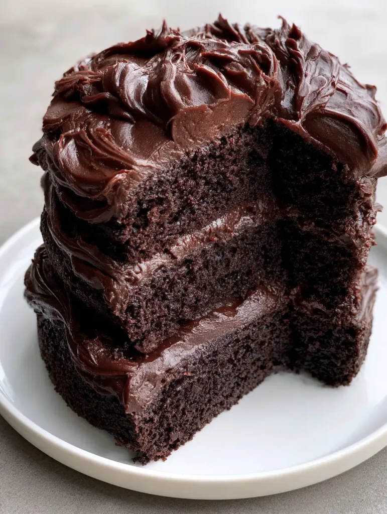 Midnight Fudge Cake with Glossy Chocolate Frosting 1 A slice of Midnight Fudge Cake on a white plate, showcasing the tight spongy crumb and rich chocolate layers.