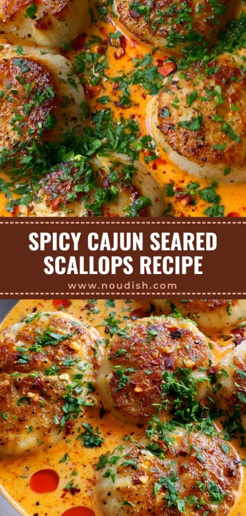 Seared Scallops with Cajun Sauce: The Ultimate 20-Minute Gourmet Dinner 4 Top-down view of five golden seared sea scallops in a thick orange Cajun cream sauce with red chili oil droplets and parsley. (Seared Scallops with Cajun Sauce)