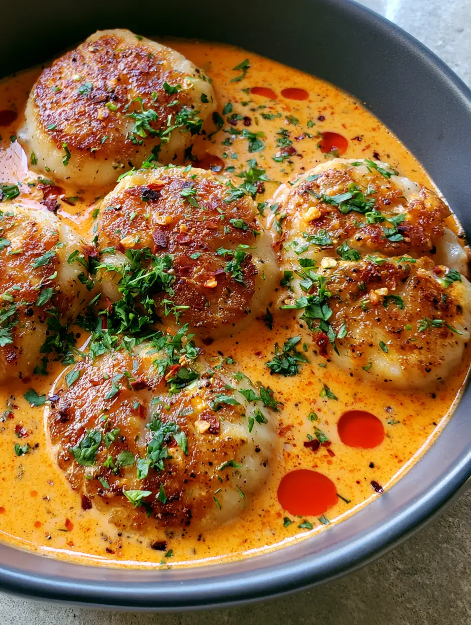 Seared Scallops with Cajun Sauce: The Ultimate 20-Minute Gourmet Dinner 3 Close-up of five sea scallops with a golden-brown crust in a pool of orange Cajun sauce. (Seared Scallops with Cajun Sauce)