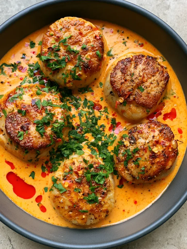 Seared Scallops with Cajun Sauce: The Ultimate 20-Minute Gourmet Dinner 1 A shallow grey bowl filled with orange Cajun cream sauce, topped with five seared scallops and fresh parsley.
