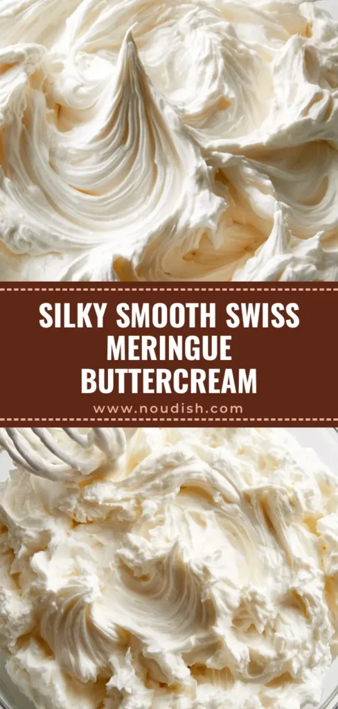 Swiss Meringue Buttercream Recipe: The Ultimate Silky Professional Frosting 3 A close-up vertical shot of glossy white Swiss Meringue Buttercream whipped into stiff peaks in a glass bowl. (Swiss Meringue Buttercream Recipe)