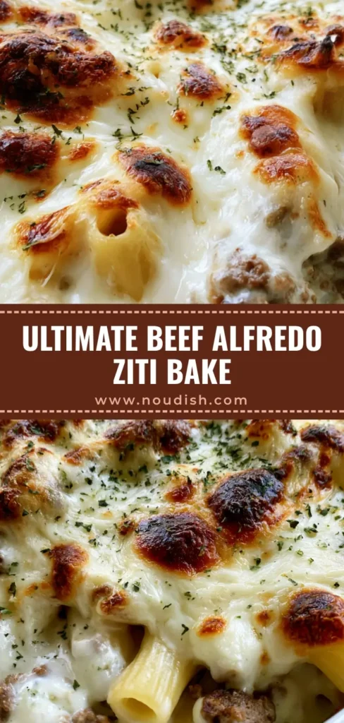 Beef Alfredo Ziti Casserole: The Ultimate Creamy Ground Beef Pasta Bake 4 A close-up of Beef Alfredo Ziti Casserole featuring melted mozzarella with golden toasted spots and parsley flakes.