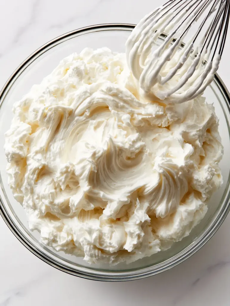 Top-down view of a thick foundation of glossy white Swiss Meringue Buttercream with deep ripples in a glass bowl. (Swiss Meringue Buttercream Recipe)