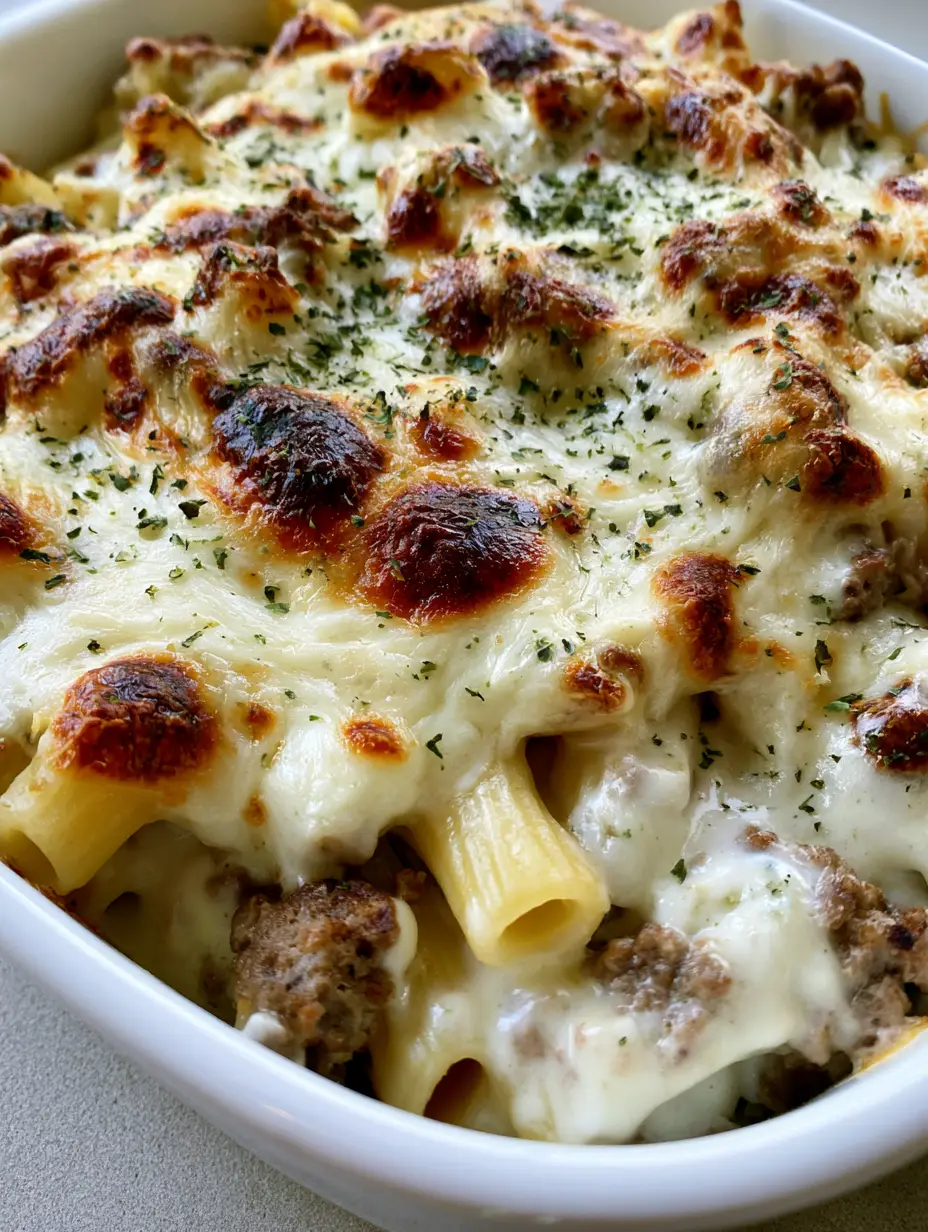 Beef Alfredo Ziti Casserole: The Ultimate Creamy Ground Beef Pasta Bake 3 Top view of a creamy Beef Alfredo Ziti Casserole showing the rich white sauce and seared beef crumbles.