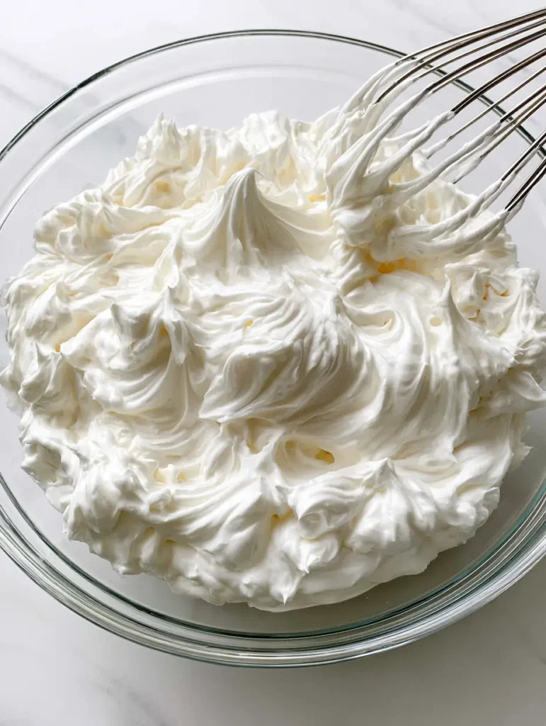 Swiss Meringue Buttercream Recipe: The Ultimate Silky Professional Frosting 1 A stainless steel wire whisk angled into a clear glass bowl filled with voluminous white frosting peaks.