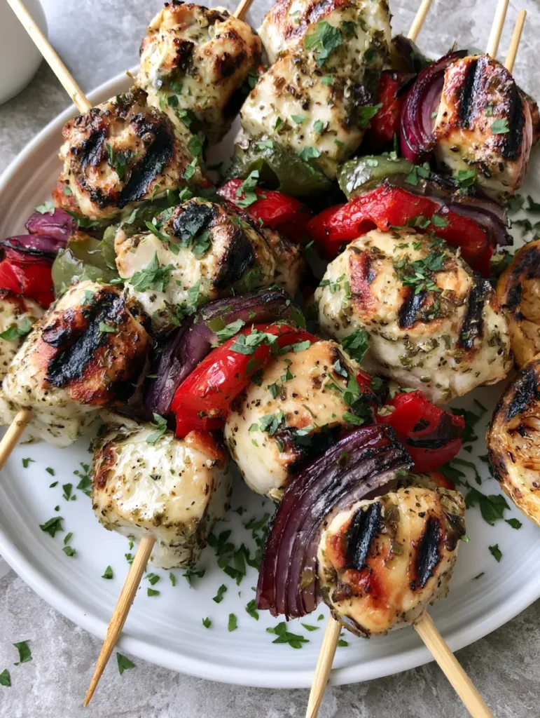 Greek Marinated Chicken Kabobs: The Ultimate Mediterranean Grill Guide 1 Close-up of Greek Marinated Chicken Kabobs showing glistening herb-oil marinade and dried oregano flakes.