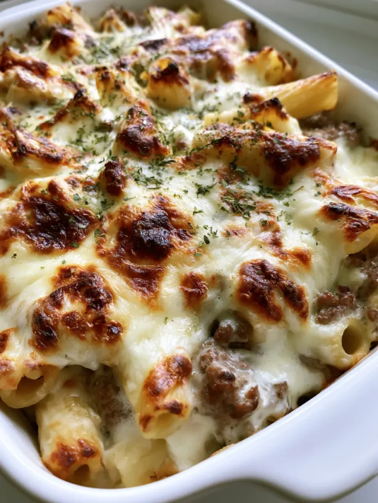 Beef Alfredo Ziti Casserole: The Ultimate Creamy Ground Beef Pasta Bake 1 Close-up of the toasted golden cheese spots on a Beef Alfredo Ziti Casserole.