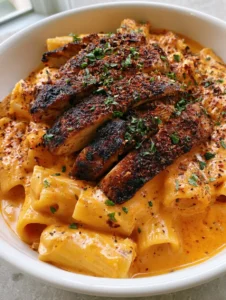 Handheld photo showing the creamy texture of Spicy Cajun Chicken Pasta with fresh parsley garnishes.