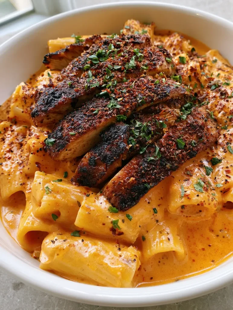 Spicy Cajun Chicken Pasta with Honey Butter Glaze 2 Handheld photo showing the creamy texture of Spicy Cajun Chicken Pasta with fresh parsley garnishes.