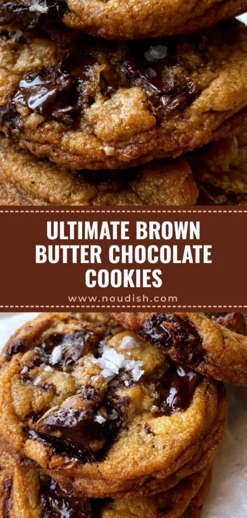 Brown Butter Chocolate Chip Cookies: The Ultimate Rippled Edge Recipe 4 A stack of Brown Butter Chocolate Chip Cookies with rippled edges, melted dark chocolate, and flaky sea salt on parchment paper.