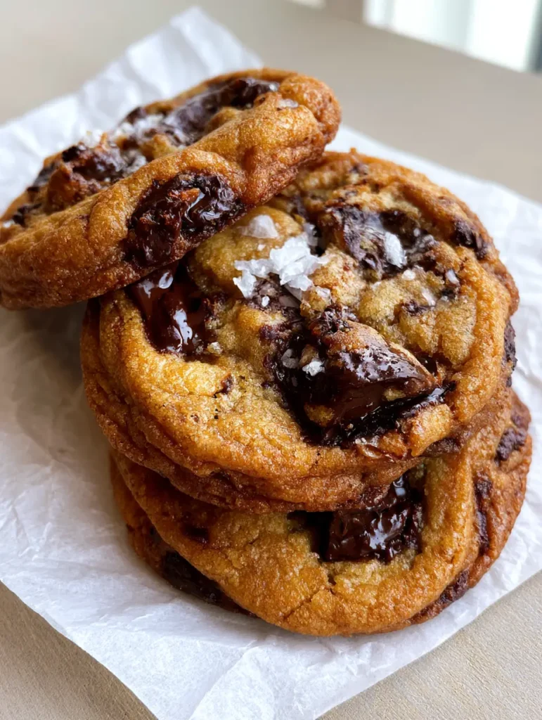 Smartphone photo of three thick, chewy Brown Butter Chocolate Chip Cookies stacked on crumpled white parchment paper.