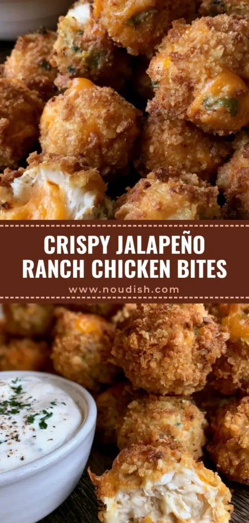 Jalapeño Ranch Chicken Poppers: The Ultimate Crispy, Cheesy Snack 4 A pile of golden-brown Jalapeño Ranch Chicken Poppers on a dark wood board with ranch dip.