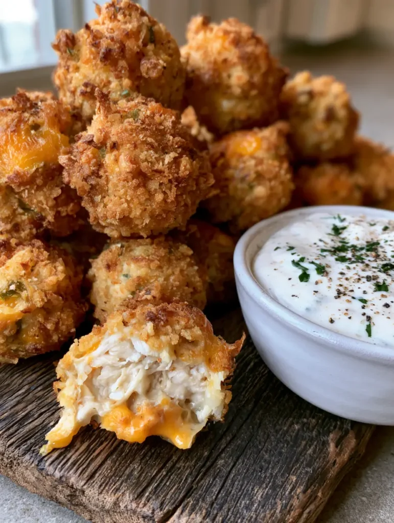 Jalapeño Ranch Chicken Poppers: The Ultimate Crispy, Cheesy Snack 1 A broken open Jalapeño Ranch Chicken Popper revealing shredded chicken and gooey cheddar cheese.