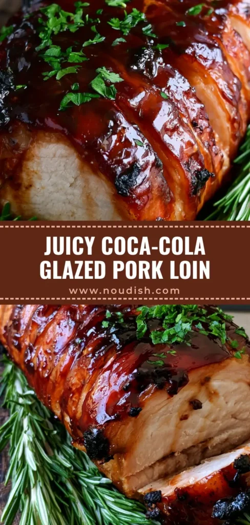 Thick slices of Coca-Cola Pork Loin with a glossy mahogany glaze on a dark wooden board surrounded by rosemary sprigs.