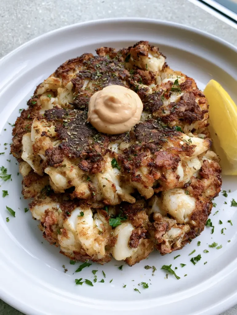 Old Bay Crab Cakes: The Ultimate Jumbo Lump Maryland-Style Recipe 1 Two Old Bay Crab Cakes on a minimalist plate garnished with lemon and fresh herbs.