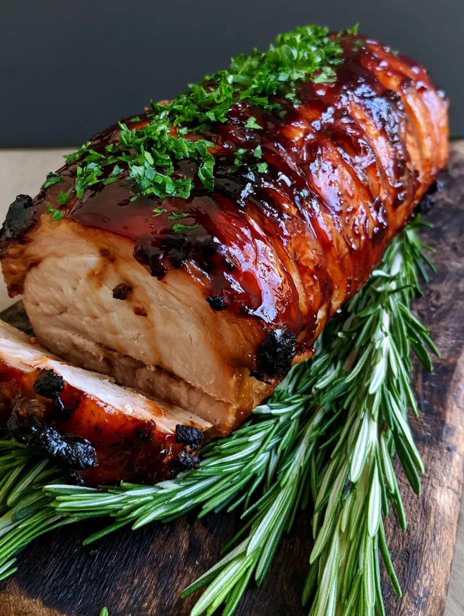 Close-up of sliced Coca-Cola Pork Loin showing the dark mahogany glaze and moist pale interior meat.
