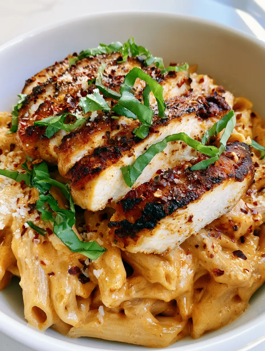 Marry Me Chicken Pasta: The Ultimate Creamy Sun-Dried Tomato Recipe 4 Close-up of Marry Me Chicken Pasta in a white bowl showing glossy pale-orange sauce and basil ribbons.