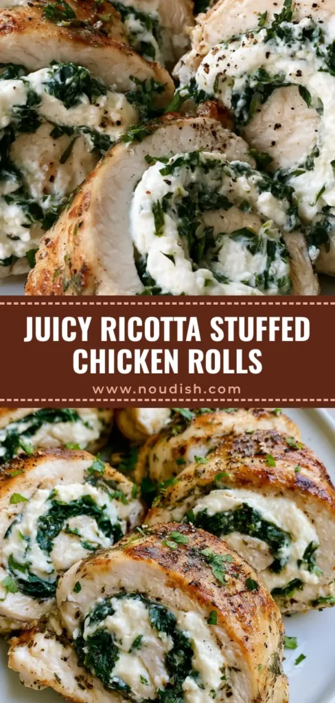 Herbed Ricotta Stuffed Chicken Rolls: The Ultimate Gourmet Weeknight Dinner 3 A close up of sliced Herbed Ricotta Stuffed Chicken Rolls showing the spiral of spinach and cheese on a white plate.