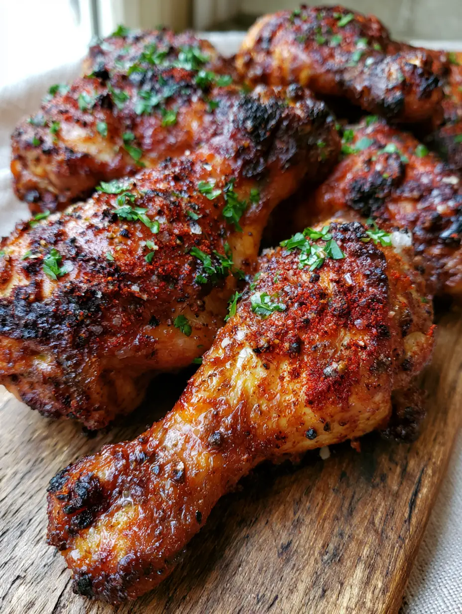 Oven Baked Chicken Drumsticks with Crispy Blistered Skin 4 Several Oven Baked Chicken Drumsticks showing vibrant red paprika rub and sea salt grains.